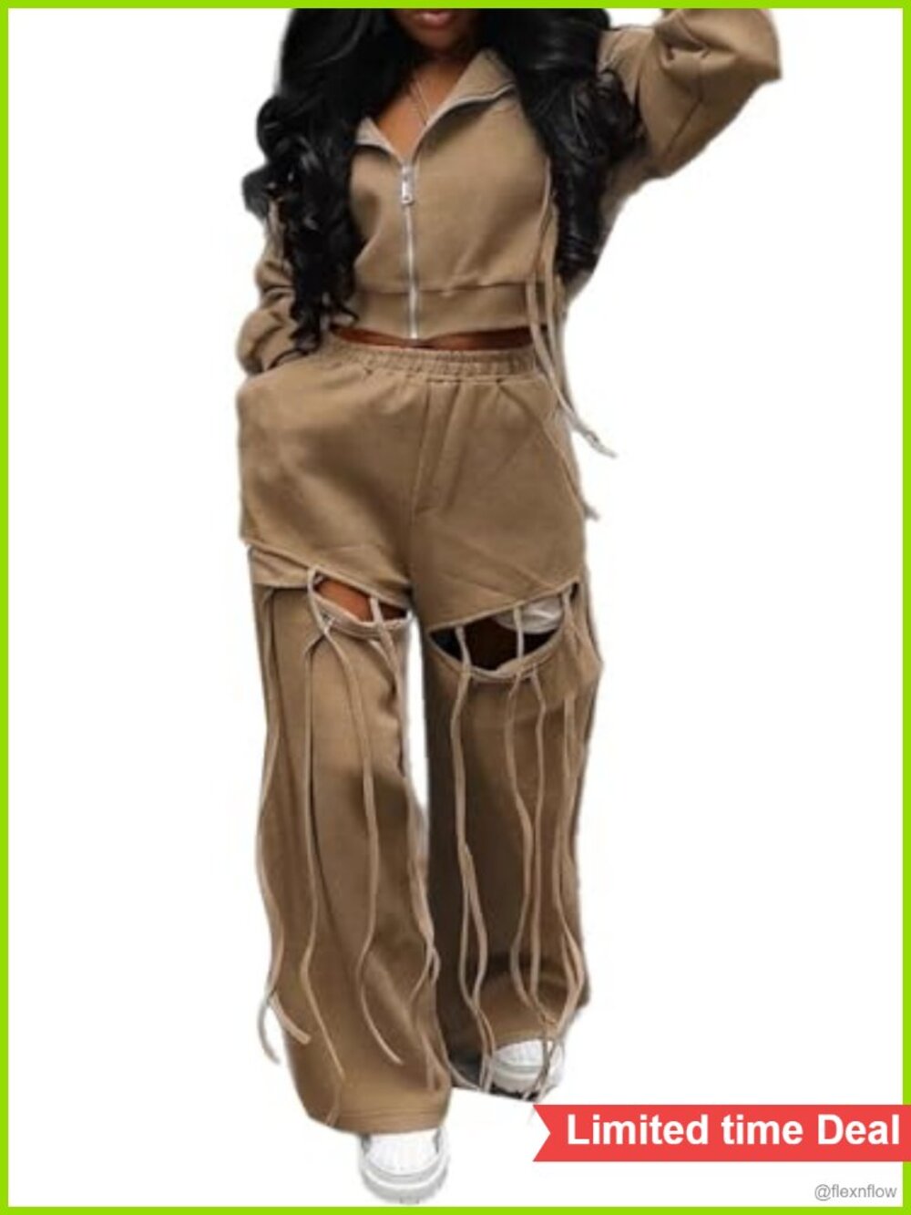 Women's 2 Piece Sweatsuit Set Ripped Hoodie Wide Leg Sweatpants Lounge Set